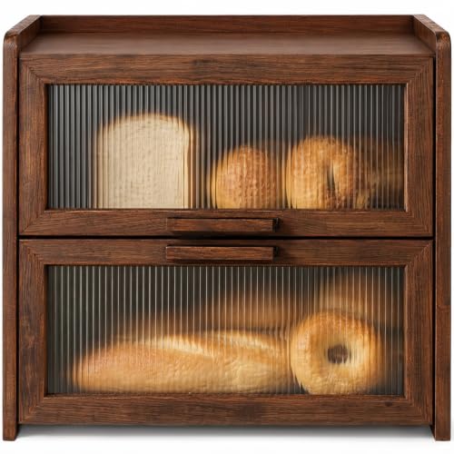 Kitsure Wooden Bread Box with Double Layers, Large 14.4 x 9.5 x 13.4 in, Brown Kitchen Storage
