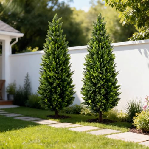 4ft Artificial Cedar Topiary Trees Set of 2 with Ground Spikes - Realistic Outdoor Faux Plants