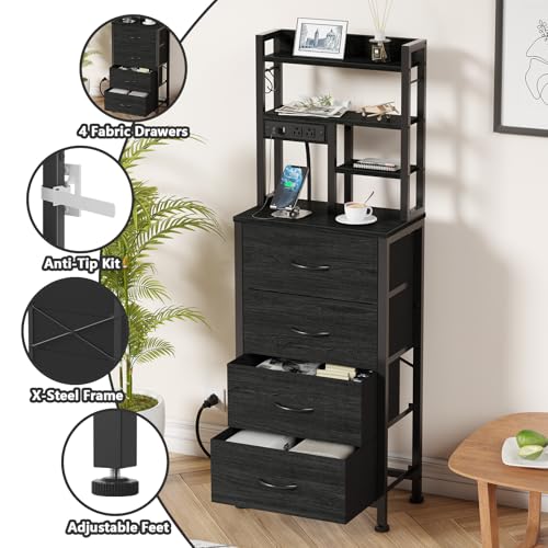 Furnulem Tall Nightstand with LED Lights, Charging Station & 4 Drawers - Black Oak, Variation 1
