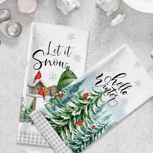 Winter Kitchen Towels, Hello Winter Towels Set of 2, Christmas Tree Snowflakes Dish Towels for Kitchen with Black White Buffalo Plaid Cardinal Let It Snow Seasonal Gifts Decor for Home, 18x28 Inches