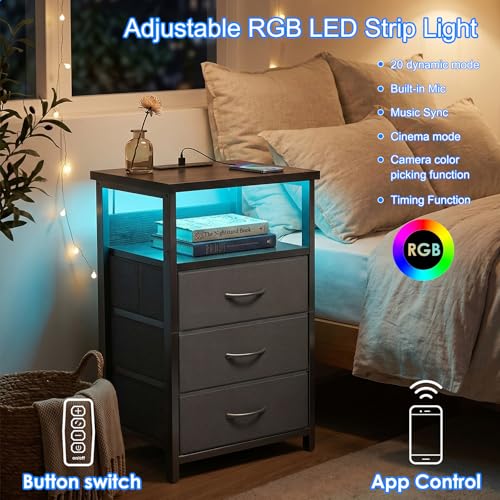 Fixwal Night Stand with 3 Drawers & Charging Station - Black, RGB LED Light, Size: 15.7"D x 11.8"W x 26.9"H