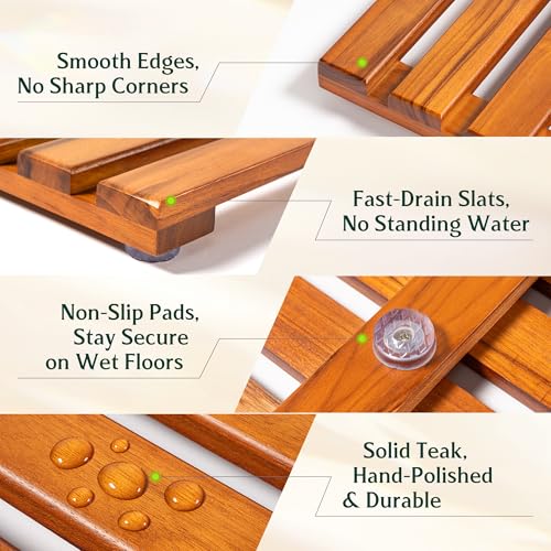 Realgulf 21x14 Inch Teak Shower Mat Non-Slip Solid Wood Bath Mat Foldable