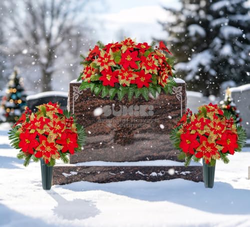 Artificial Cemetery Flowers Christmas Poinsettia 3-Piece Memorial Set