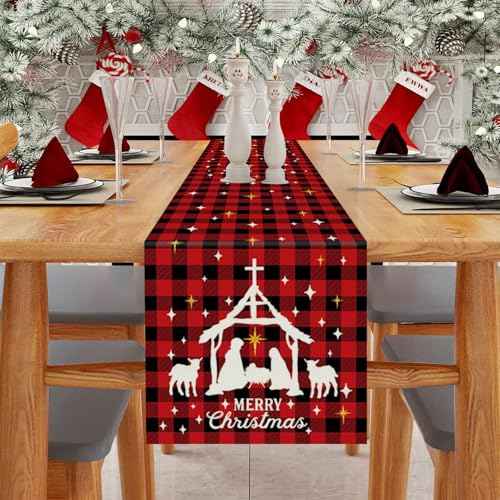 Jesus Christmas Decorations Table Runner Buffalo Plaid Holy Night Nativity Christ Seasonal Winter Merry Christmas Xmas Kitchen Dining Table Home Decor 13x72 Inch