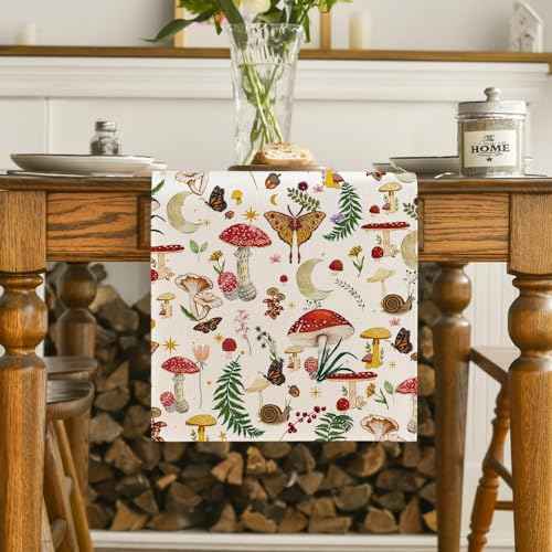 Artoid Mode Beige Modern Mushroom Table Runner, Seasonal Botanic Farmhouse Kitchen Dining Table Decoration for Home Party Decor 13x72 Inch