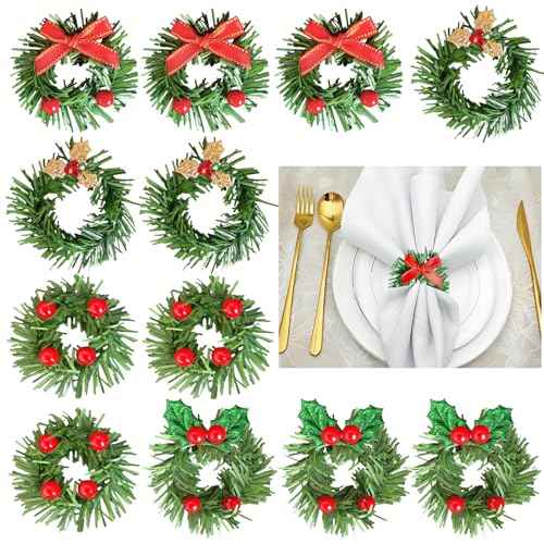Christmas Napkin Rings Set of 12, Holly Pine Needle Berry Napkin Rings Bow Wreath Leaf Napkin Ring Holders for Christmas Holiday Banquet Party Table Decoration, 4 Style