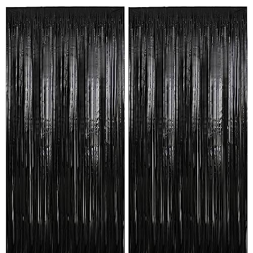 2 Pack 3.28 ft x 6.56 ft Black Tinsel Curtain Party Backdrop Decorations, Metallic Foil Fringe Backdrop Door for Halloween, Christmas, Birthday Graduation Wedding Party Streamers Photo Backdrop.