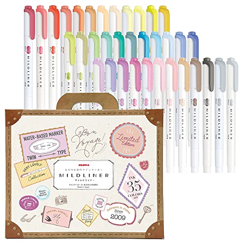 Zebra Mildliner 35-Color Highlighter Set with Gift Box - Light, Eye-Friendly Ink