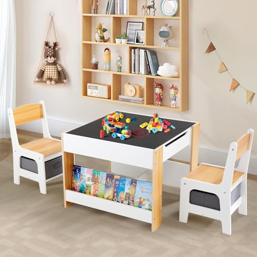 Asweets Kids 4-in-1 White Kids Table & Chair Set with Storage Drawer, 24.49 x 24.49 inches