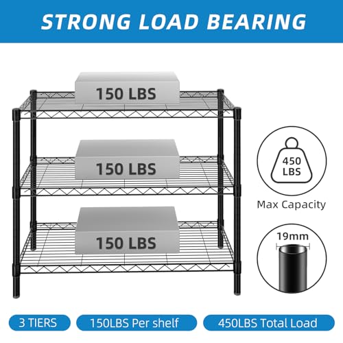 Adjustable Metal Wire Shelving Unit - 3 Tier, Black, 36 x 14 x 30 Inches
