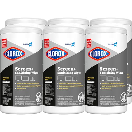 CloroxPro Screen+ Sanitizing Wipes Pack of 6 - 75 Count Canisters, Electronics & Sensitive Surface Disinfectant, Citrus Scent
