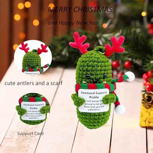 Christmas Crochet Pickle, Positive Crochet Animals with Message, Handmade Gifts with Antlers and Plaid Scarf, Funny Xmas Decorations (Christmas Cucumber)