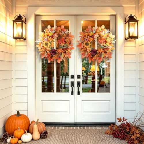 Luxurious Fall Wreath 26 Inch Front Door Decor Sunflowers Hydrangeas Dahlias Autumn Leaves - Outdoor Indoor Thanksgiving Harvest Farmhouse