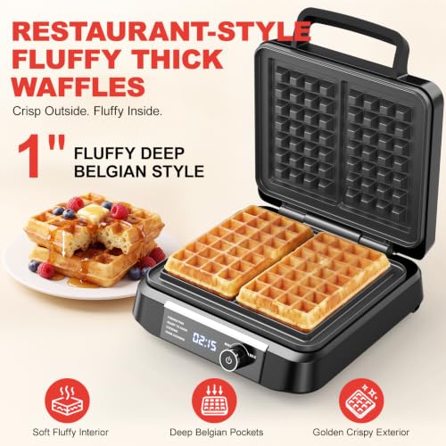 Silver Waffle Maker with 8 Browning Levels & Digital Timer - Smart LED Display