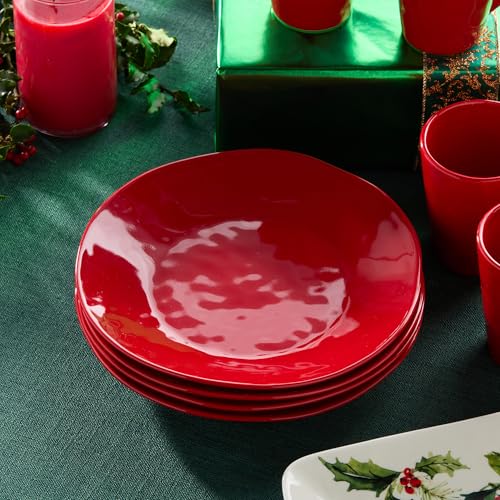 Berry Red Christmas Dinner Plates Set of 4 - Holiday Stoneware Tableware