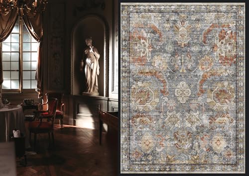 RUGSURE Washable Area Rug 8x10 ft Vintage Tribal Turmeric & Grey Non-Slip
