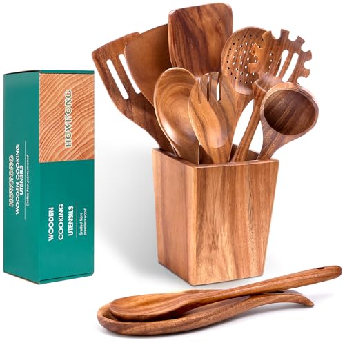 HOWHONG 11-Piece Acacia Wood Cooking Utensils Set with Spoon Rest & Holder