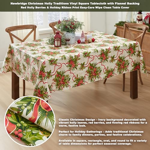 Newbridge Holly Traditions 52x52 Inch Square Vinyl Tablecloth with Flannel Backing - Christmas Decor