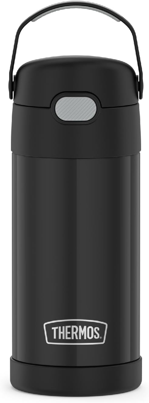 THERMOS FUNTAINER Water Bottle - 12 Ounce Kids Stainless Steel Vacuum Insulated with Straw - Black