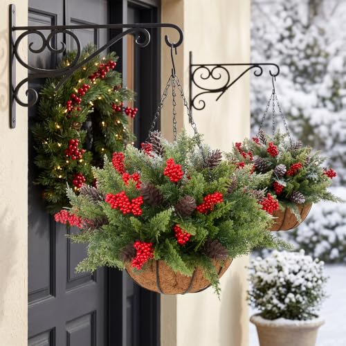Daynight Artificial Christmas Cedar Pine Hanging Baskets Set with Red Berries & Pinecones - Outdoor Holiday Decor