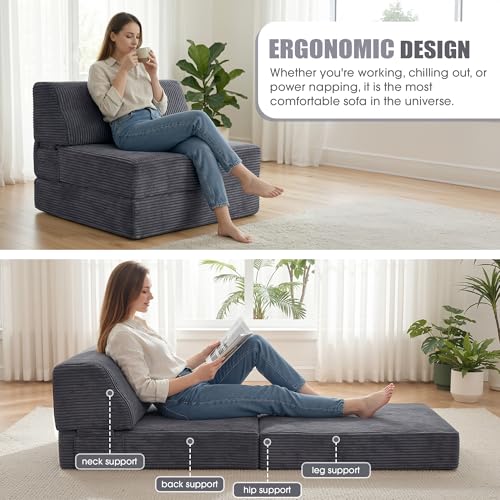 Grey Folding Sofa Bed with Pillow - Convertible Memory Foam Floor Couch for Living Room & Dorm