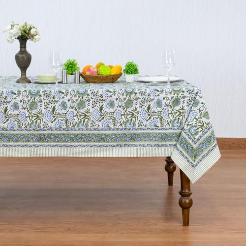 Sage Green Hand Block Print Cotton Square Tablecloth 60x60 Inches - Traditional Indian Design