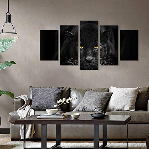 SEVEN WALL ARTS Black Panther Canvas Wall Art Wildlife Animals Pictures 5 Pieces Black and White Leopard Poster Print Framed Artwork for Living Room Bedroom Office Wall Decor