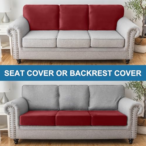 Taque Christmas Red 3-Piece Velvet Stretch Sofa Cushion Covers, Elastic Slipcovers for 21-24" Cushions