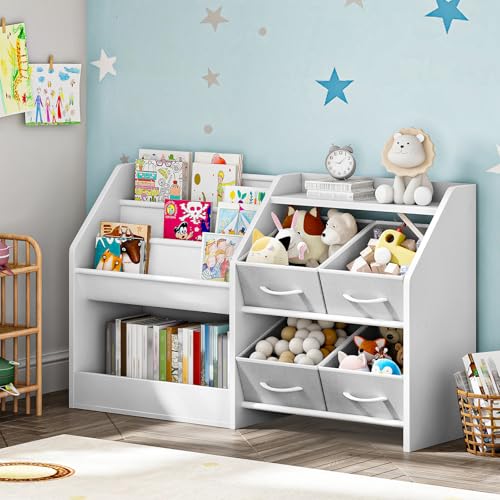 Kids Bookshelf with 3-Tier Fabric Slings & 4 Drawers, Toddler Toy Storage Organizer, White