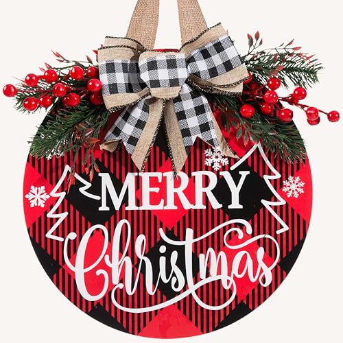 UIONML Christmas Door Sign-D 12 Inch Merry Christmas Welcome Hanging Wreath Decor with Bow Rustic Farmhouse Holiday Sign