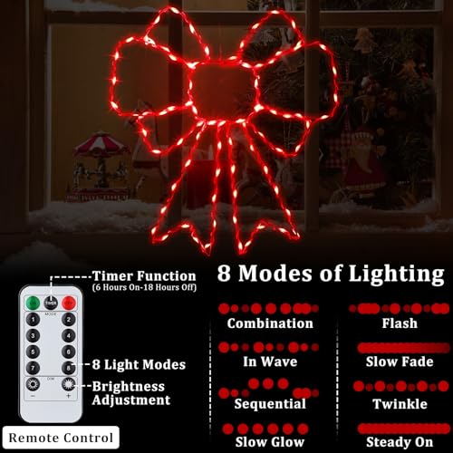 Riakrum 4 Pack Christmas Window Silhouette Lights with Bows - 80 Red LEDs, USB Powered, 8 Modes, Timer, Indoor Outdoor Holiday Decor