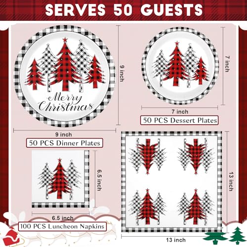 Homlouue 200Pcs Christmas Dinnerware Set — Red & White Tree & Plaid Plates + Napkins (50 Guests) Black & White Variant