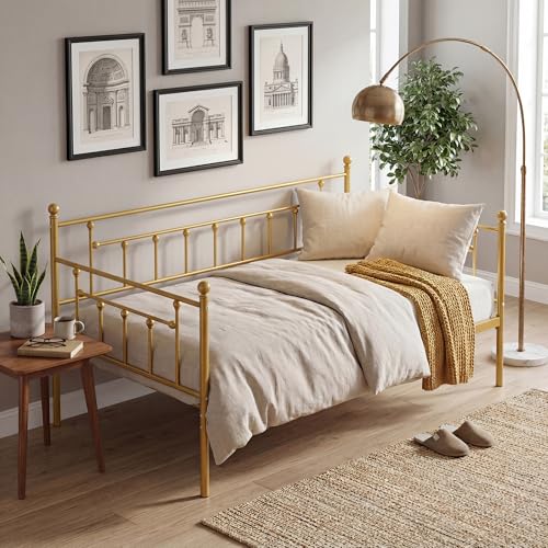Gold Twin Daybed Frame with Metal Slats & Headboard - Modern Sofa Bed for Living Room & Guest Room