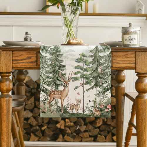 Artoid Mode Forest Deer Bunny Spring Table Runner, Seasonal Summer Kitchen Dining Table Decoration for Home Party Decor 13x72 Inch