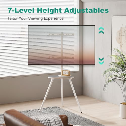 ECOTINY White Metal Tripod TV Stand for 43-65 Inch Flat Screen TVs with Swivel & Wooden Shelf