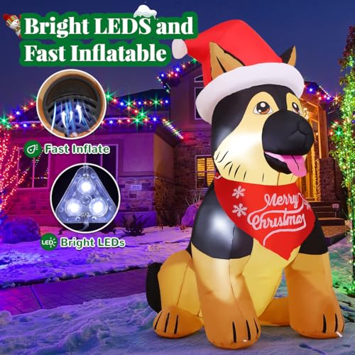 GOOSH 5 ft Christmas Inflatable German Shepherd with Santa Hat – LED Outdoor Yard Decor