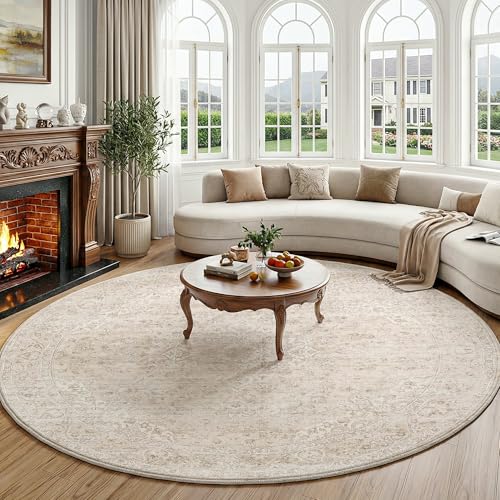 Beige Round Vintage Area Rug - 8ft Washable Neutral Floral Pattern for Living Room