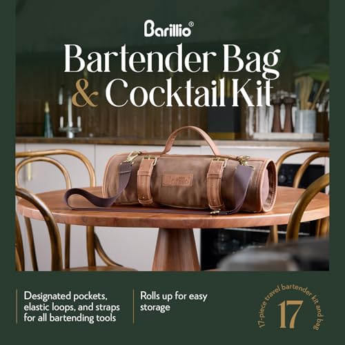 Travel Bartender Kit Bag with Cocktail Shaker Set - Brown & Silver, 17-Piece Portable Bar Tool Organizer