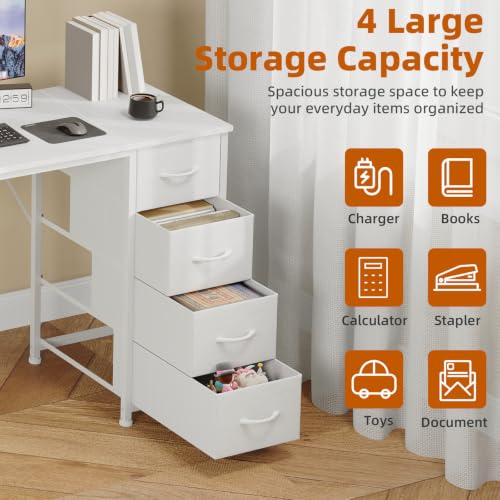White Small Computer Desk with 4 Drawers - 39 Inch Home Office Workspace