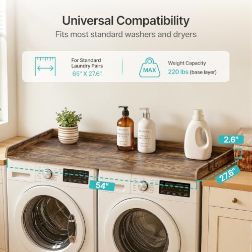 PEGZONE 1-Tier Water-Resistant Countertop Laundry Shelf with Adjustable Hooks, Brown