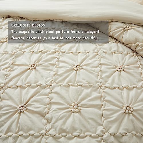Beige King Comforter Set with Pinch Pleat Ruffle 3 Pieces - Microfiber Bedding