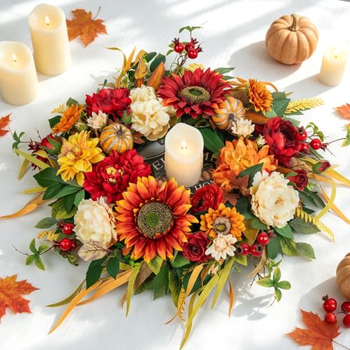 24 Inch Fall Wreath with Pumpkins and Sunflowers - Rustic Autumn Door Decor - NaturaWre Pumpkin Wreath
