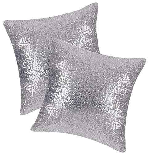HoliSelear Multi-Size Glitzy Sequins Throw Pillow Cover Shining Bling Pillow Case 16 x 16 Inch for Decor Sofa Party Christmas Silver 2 Packs