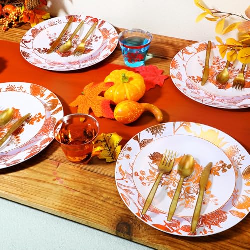 Disposable Plastic Plates Set with Pomegranate Design - 50 Pieces, Brown & Ivory, Party & Event Use (Variation: Pomegranate / Brown / 50)