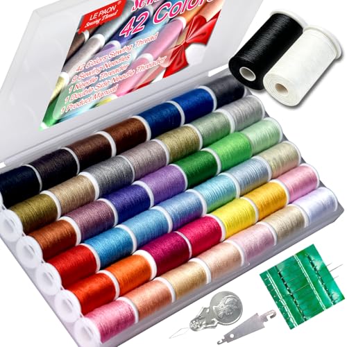 LE PAON 42 Colors All-Purpose Sewing Thread Set with 9 Needles & 2 Threaders – Rainbow Polyester Kit for Hand & Machine Sewing (Variation: 42 Colors)