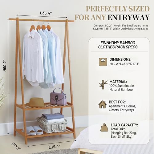 Finnhomy Bamboo Clothes Rack Portable Extra Large Garment Organizer with 2-Tier Shelves
