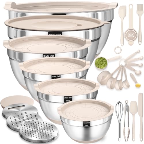 Umite Chef Khaki Stainless Steel Mixing Bowls Set with Airtight Lids & Graters – 26pcs, Non-Slip Bottoms, 7QT to 1QT Sizes