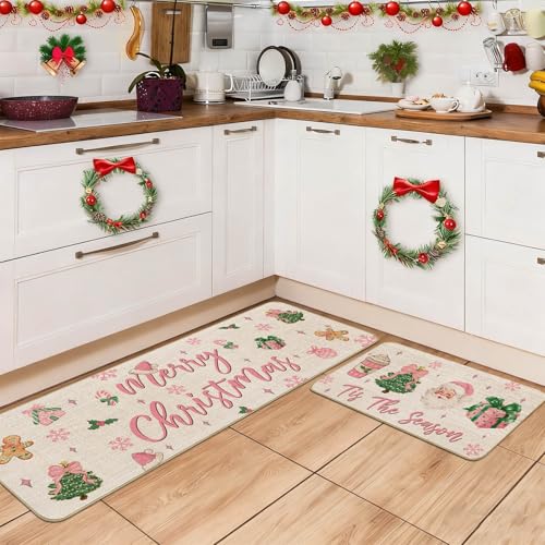 Pink Christmas Kitchen Rugs Set - Santa, Tree & Bow Holiday Floor Mats 17x27 & 17x47 inches