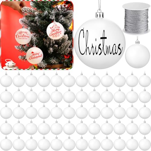 Wettarn 3.15 Inch White Christmas Ball Ornaments 100 Pcs with Lid & Silver Rope