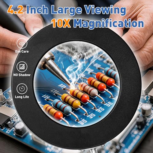 HITTI 10X Magnifying Glass with Light & Clamp, 1800 Lumens Dimmable, Black, 9.06 Inch Base & Swing Arm